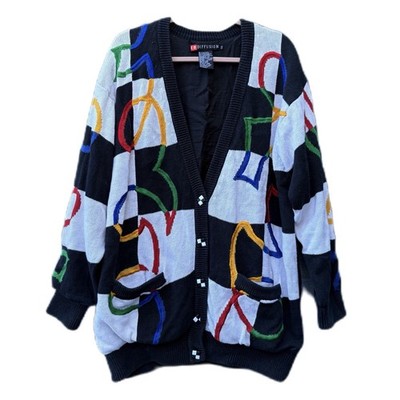 Rare Vintage I.B. Diffusion Colorful Checkered Abstract Button Cardigan Sweater