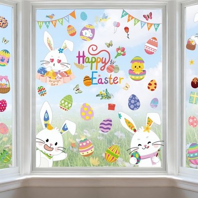9 Sheets Easter Window Clings, Happy Easter Decorations, Eggs Bunny Rabbit Wi...