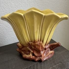 Vintage McCoy Pottery Tulip Fan Vase Yellow Brown Leaf Base MCM Planter USA