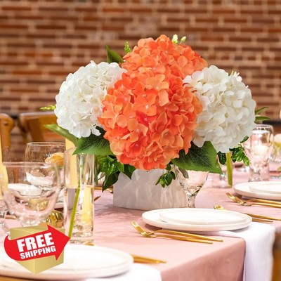 JINWOE Orange Artificial Hydrangeas 5Pcs 20'' Silk Flower Heads