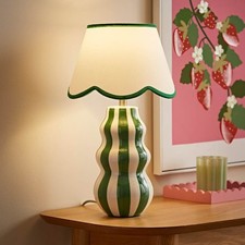Table Lamp Green Stripe Base Scallop Fabric Lampshade Living Room Bedroom Light
