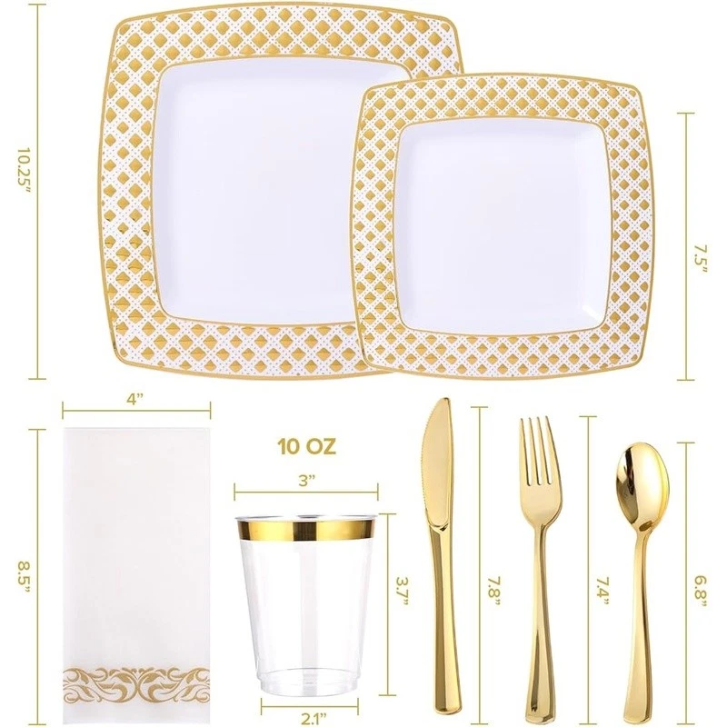 Gold Disposable Dinnerware Set Heavy Duty Plates Cups Forks Knives Napkins New - Image 3 of 4