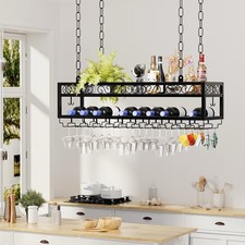 Adjustable Ceiling Wine Rack with Glass Holder Iron Chain Adjustable 2-Layer
