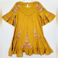 Free People Yellow Embroidered Floral Cotton Shift Babydoll Dress Ruffle S