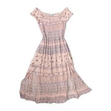 Kimchi Blue M Boho Midi Dress Beige Crinkle Gauze Cottagecore Cap Sleeve