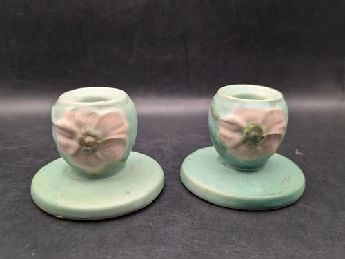 🔥 Vintage Late 1920s Pair of Weller Pottery Candlestick Candle Holders SIGNED