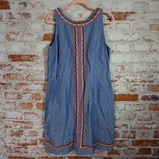 Talbots Shift Dress Womens 10P Blue Linen Cotton Embroidered Sleeveless Boho