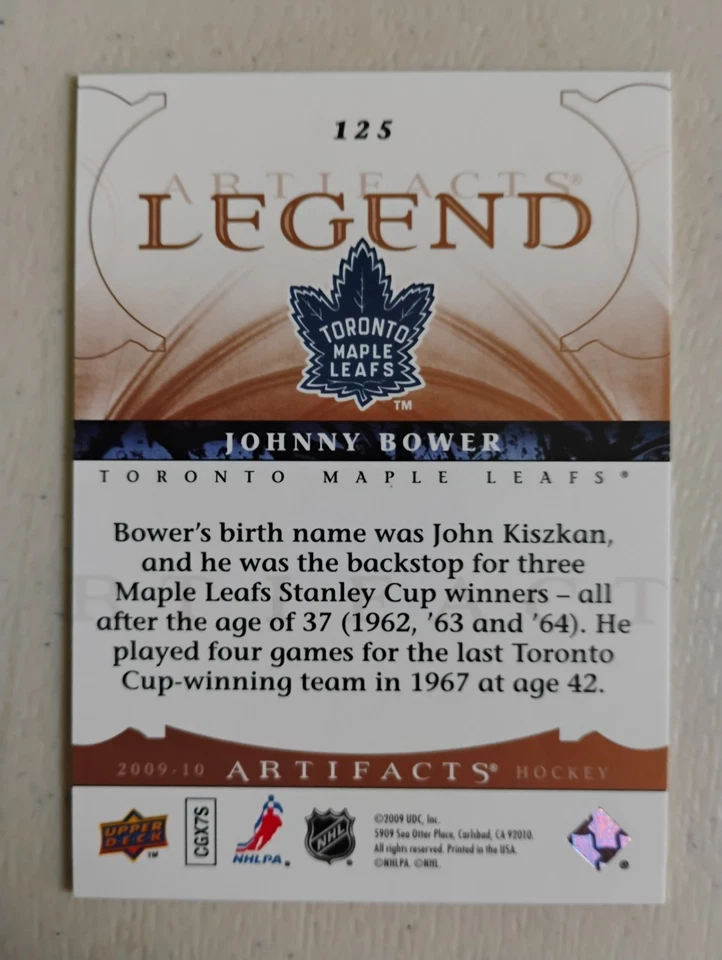 09 10 UPPER DECK ARTIFACTS LEGEND JOHNNY BOWER /999 MAPLE LEAFS - Image 2 of 2