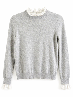 Ted Baker Gray Solid Knit Round Neck Pullover Sweater Eyelet Lace Trim 0