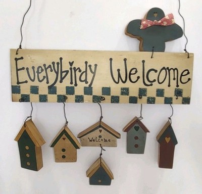 Vintage Folk Art Plaque Everybirdie Welcome Rustic Primitive Country Birdhouses 