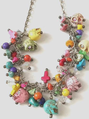 OOAK Day of Dead Halloween Goth Skull Rhinestone Eyes & Cross Charm Necklace 18"