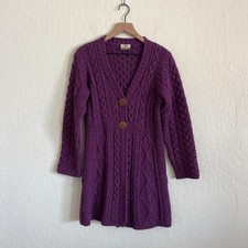 Carraig Donn 100 Merino Wool Cable Knit 2 Button Long Cardigan Small Purple