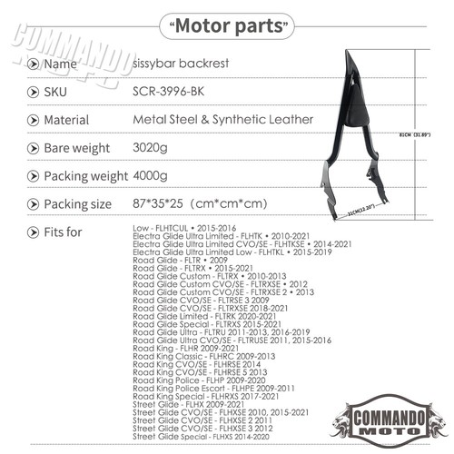 Rear Backrest Sissy Bar for Harley CVO Road Glide Road King Electra Glide 2009+ - Picture 3 of 10