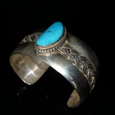 Men's Navajo Signed Kingman Turquoise Sterling Silver Cuff Bracelet Peralto