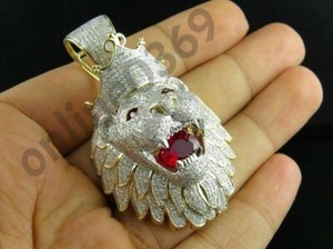 Authentic 3.4ct Ruby Cubic Zirconia Men's Lion Charm Pendant 925 Silver 14k Gold Plated