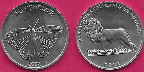 CONGO DEMOCRATIC REP 50 CENTIMES 2002 UNC 1 YEAR TYPE,BUTTERFLY,LION STANDING LO