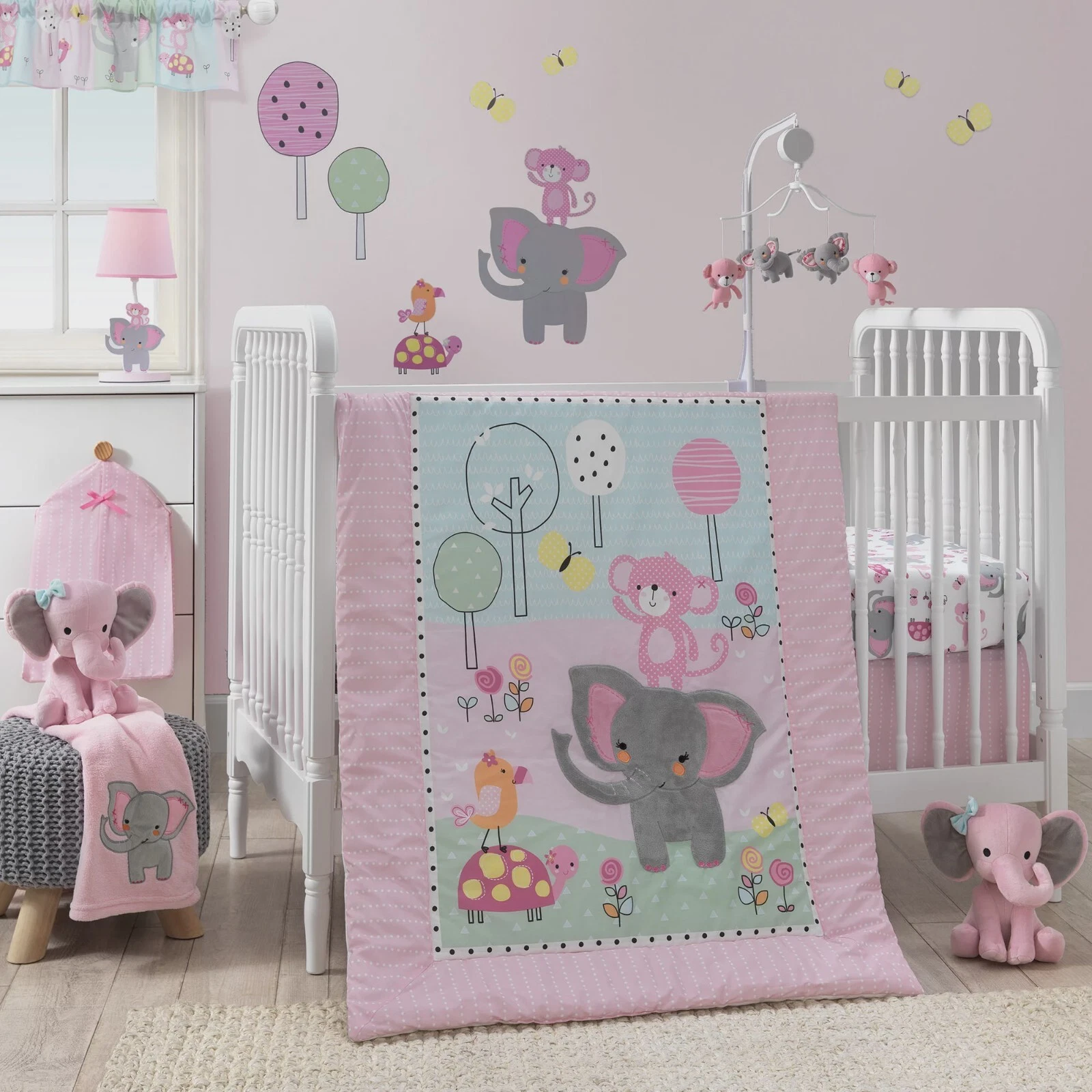 Bedtime Originals Twinkle Toes 3-Piece Crib Bedding elephant monkey Set PINK NEW