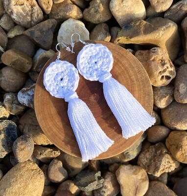 Handmade Crochet Tassel earrings White boho Drop Earrings