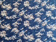 Japanese Hokusai style waves fabric, blue Oriental sea cotton, Kanagawa