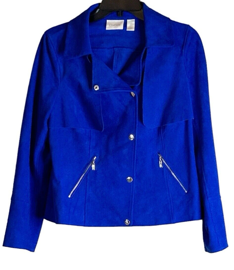 Chico's Womens Blue Long Sleeve Snap Faux Suede Moto Blazer Jacket Sz 0/Sm EUC
