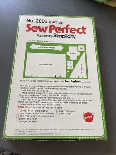 NIB 1976 Mattel Sew Perfect Pattern Simplicity Number 2006 Playtime Sewing UNCUT - Picture 4 of 4