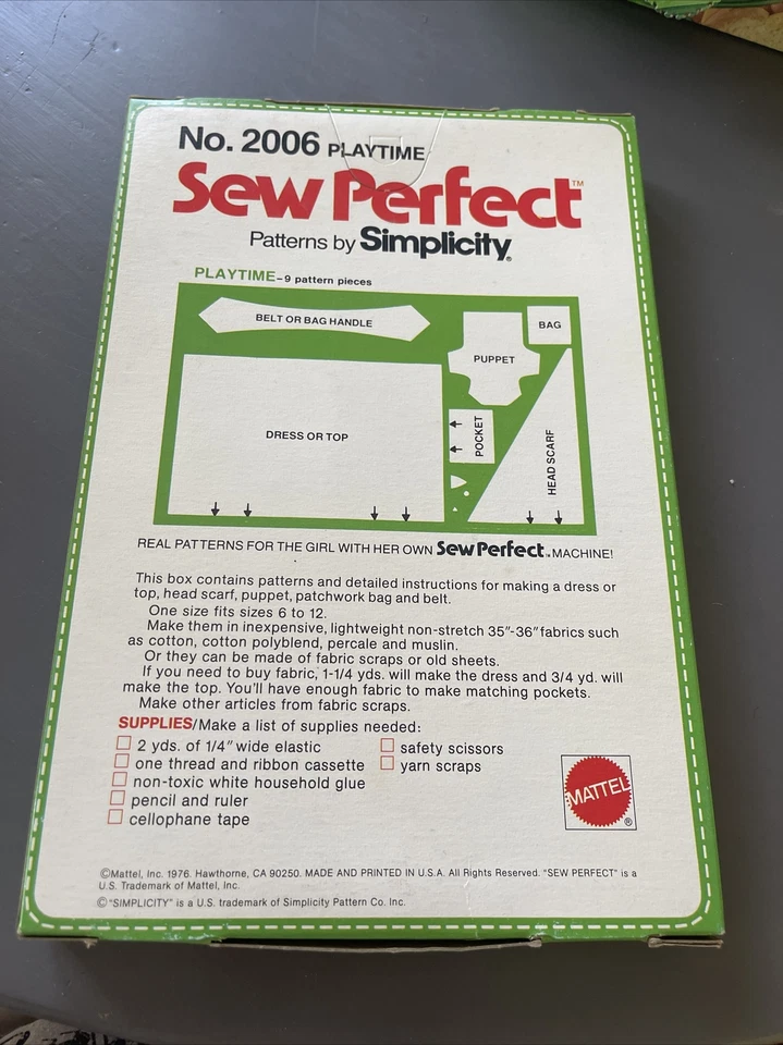NIB 1976 Mattel Sew Perfect Pattern Simplicity Number 2006 Playtime Sewing UNCUT - Image 4 of 4