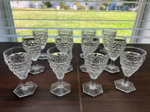 LOT 12 AMERICAN FOSTORIA 2 1/2 OZ SMALL WINE CORDIAL HEXAGON FOOT GLASSES