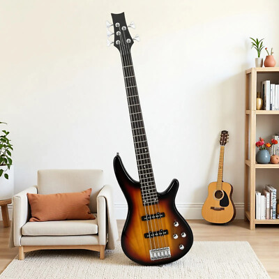 5-String Beginner P-Style Electric Bass Guitar Set-JJ Pickups Full Size Sunburst