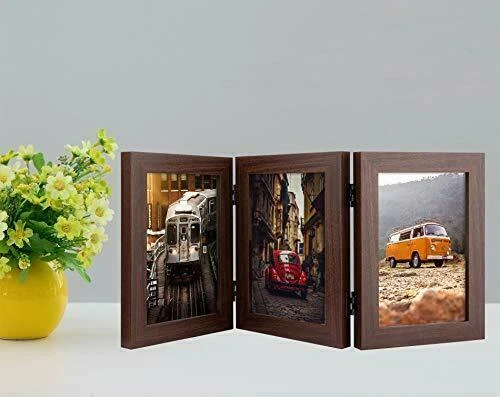 Marco de fotos con bisagras triple 5x7 para 3 fotos de mesa vidrio real marrón cereza Foto 4 de 4