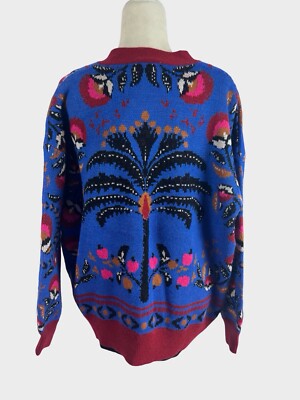 Farm Rio Knit Wool Blend Cardigan Sweater Palms Paradise Teal