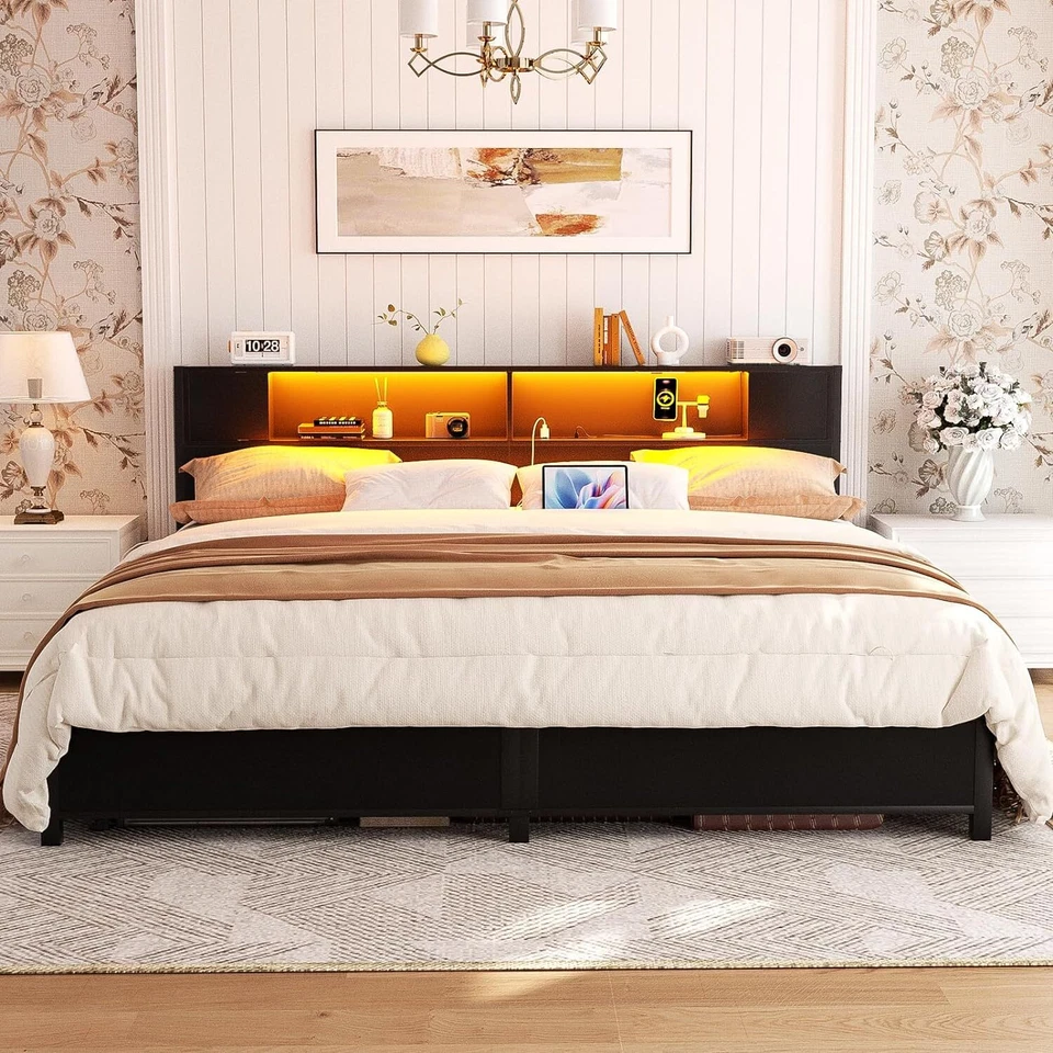 Marco de cama King/Queen/tamaño completo con cabecero de almacenamiento y estación de carga y luz LED Foto 3 de 4