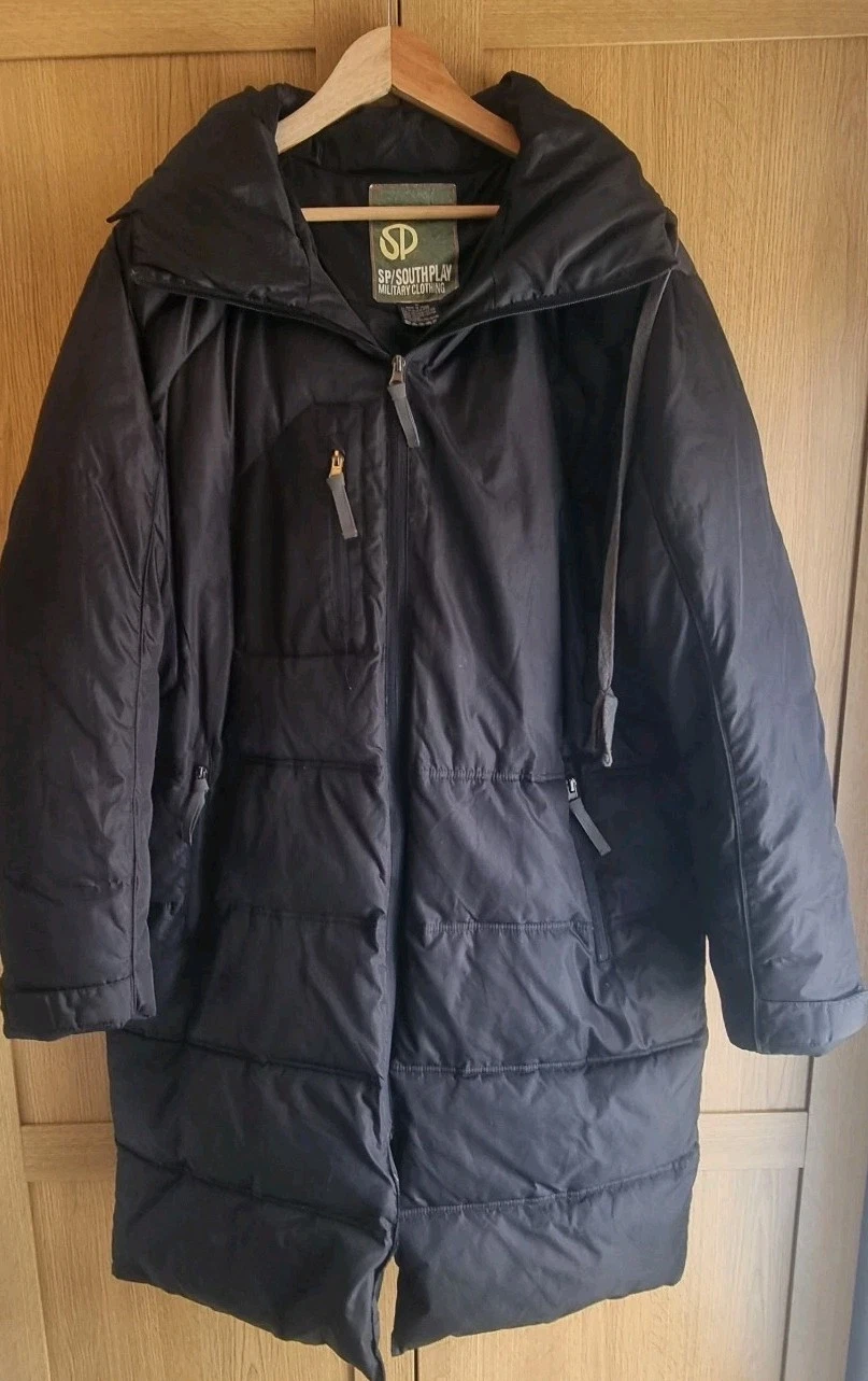 SouthPlay SP Mens Long Down Puffer Jacket Black Military Hooded Size XL
