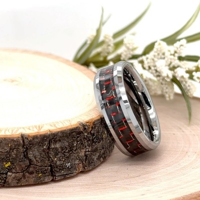 8mm Silver Tungsten Engraved Ring Brushed Red Carbon Fiber Inlay Durable Band