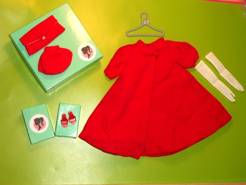 Vintage BARBIE 1962 RED FLARE #939 COMPLETE COAT HAT PURSE LONG GLOVES RED SHOES