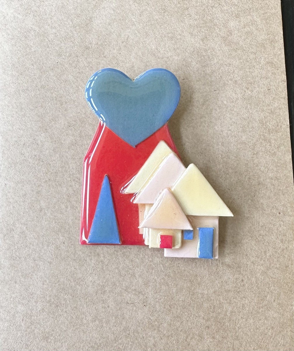Cute pastel Houses Pin by Lucinda Vintage Brooch big Heart and Tree
