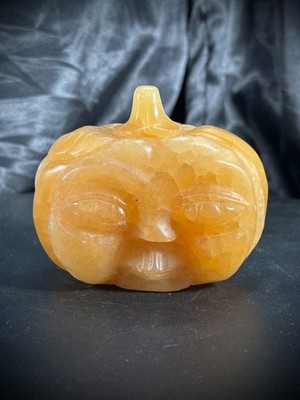 3.5'' Orange Calcite Halloween Pumpkin Face Carving 1lb 1.6oz
