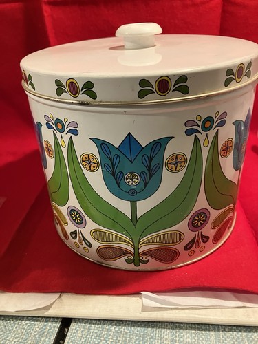 Vintage 70s Bisquick Tin With Lid- Tulips Turquoise Printed Old Recipes