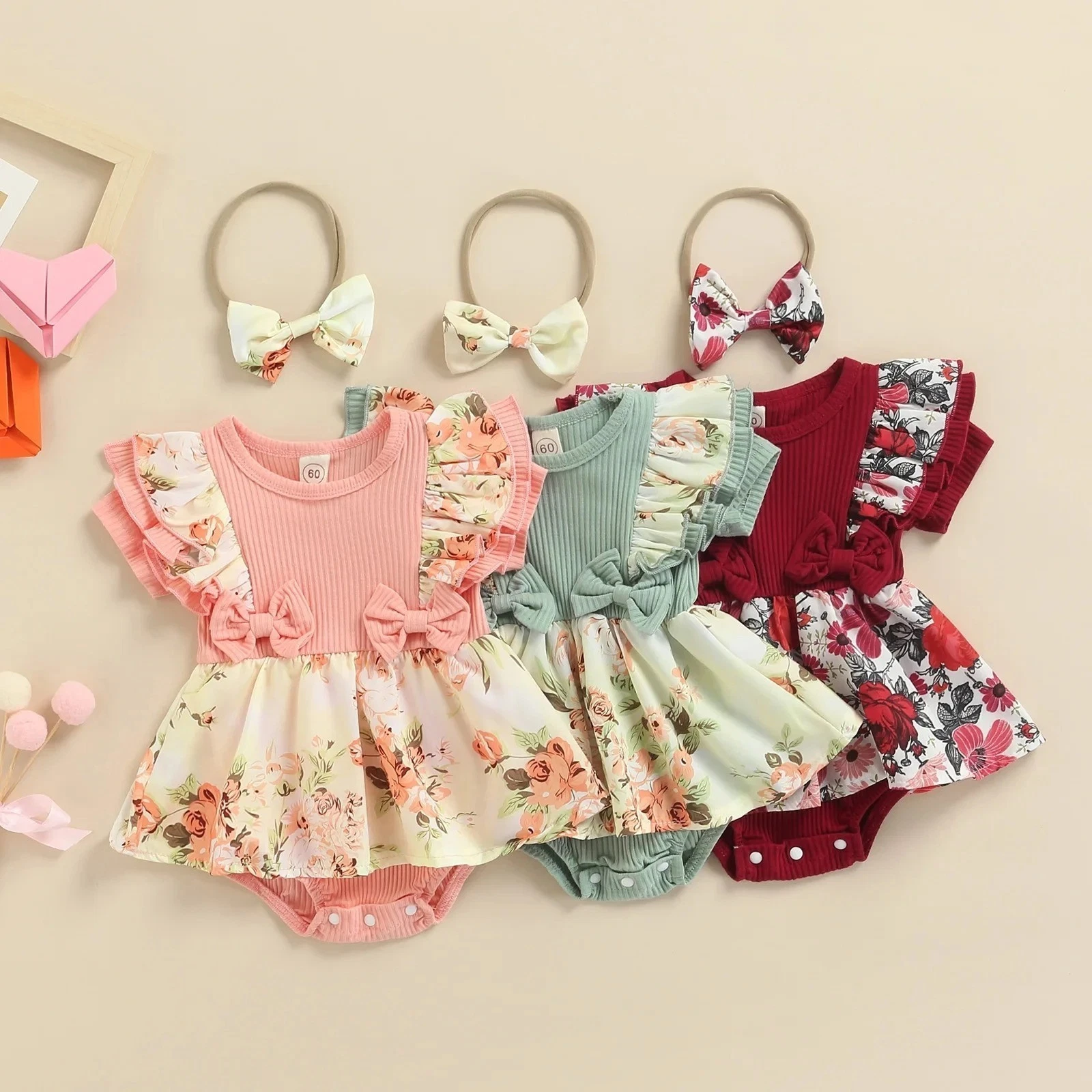 Baby Girl Floral Romper Dress Headband Set Sleeveless Outfit Cute Summer Clothes