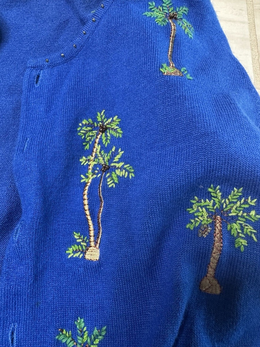 Florida Vibes Blue Palm Embroidered Beaded Cardigan Women’s Ramie Blend Size L View 3