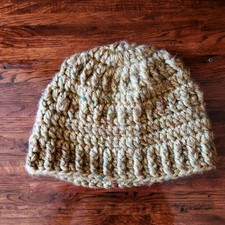 Handmade Ribbed Crochet Hat Beige Splatter Soft Slouchy Headwear Winter Warmth