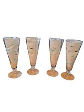 4 Libbey Aqua & Silver Atomic Fish Pilsner Beer Glasses Footed 8"