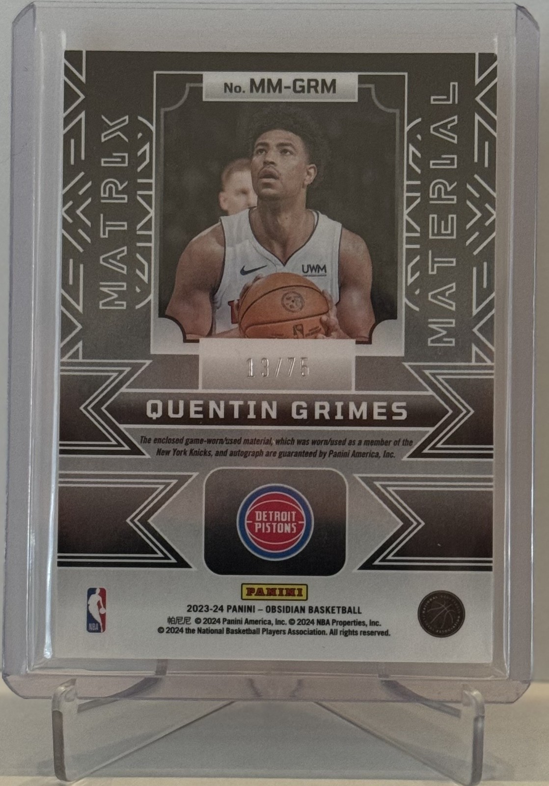 2023-24 Panini Obsidian - Quentin Grimes - Orange- Game Worn Patch Auto - 13/75! view 2