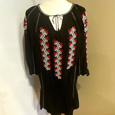 Ulla Johnson Black Red White Embroidered Shift Dress 3/4 Sleeve Sz S