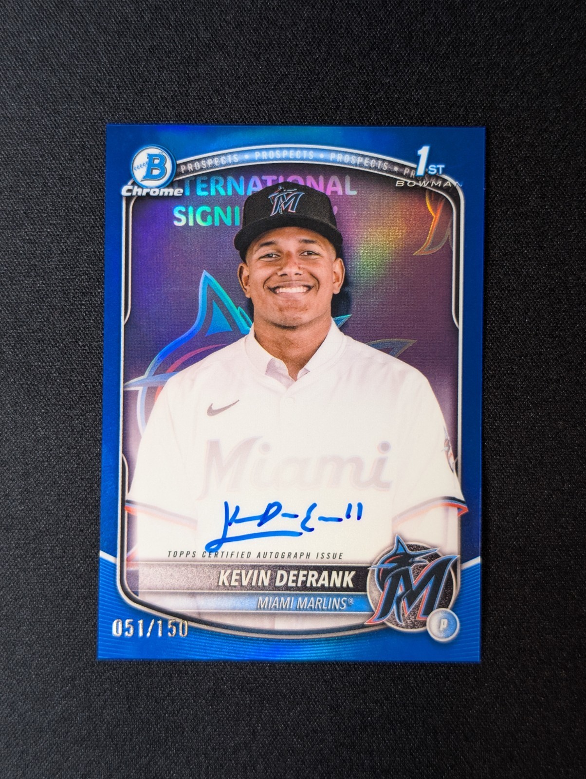 2025 Bowman Chrome Blue Refractor Kevin DeFrank /150 Auto Marlins 1st Prosp.
