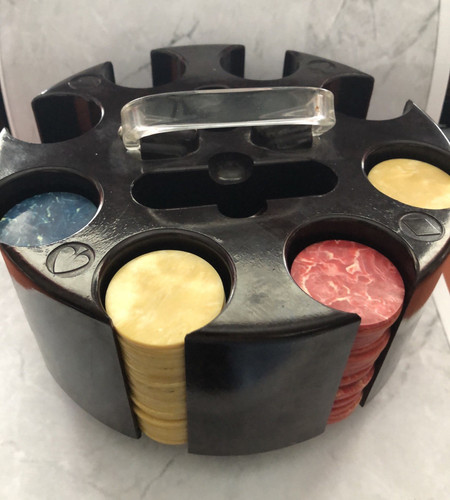 98 Marble Bakelite Poker Chips Blue Red Butterscotch   With Carousel Caddy $115