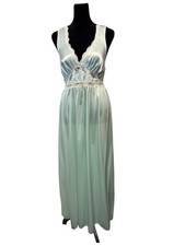 Vintage Lorraine Pearl Blue Nylon Maxi Slip Lingerie Dress Floral Applique Small
