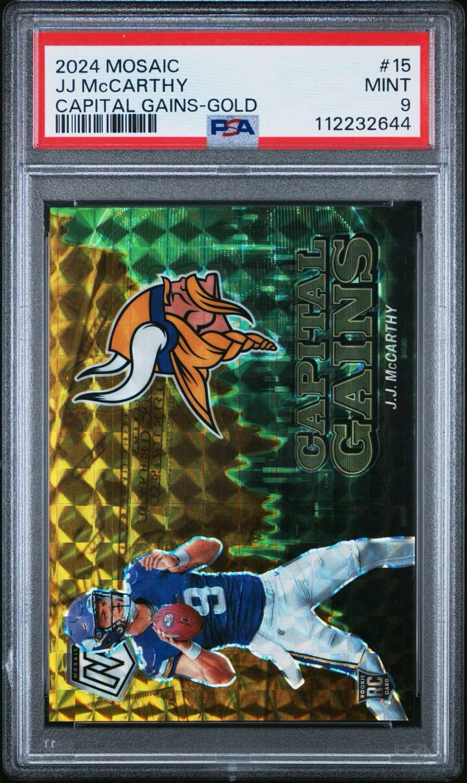 2024 Mosaic Capital Gains J.J. McCarthy #15 GOLD /10 (RC) 💥 PSA 9 💥Jersey #9