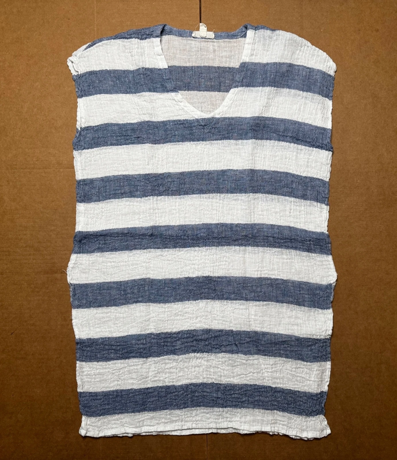 Eileen Fisher OS Organic Linen Dress Gauze Blue Stripes Tunic Poncho Coastal
