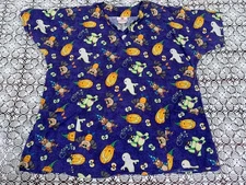 White Cross Halloween Nurse Scrub Uniform Top Size XL pumpkin Jack O Lantern