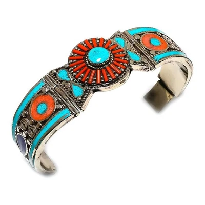 Manchette corail rouge turquoise bijoux tribaux tibétains népalais faits... - Photo 1/4